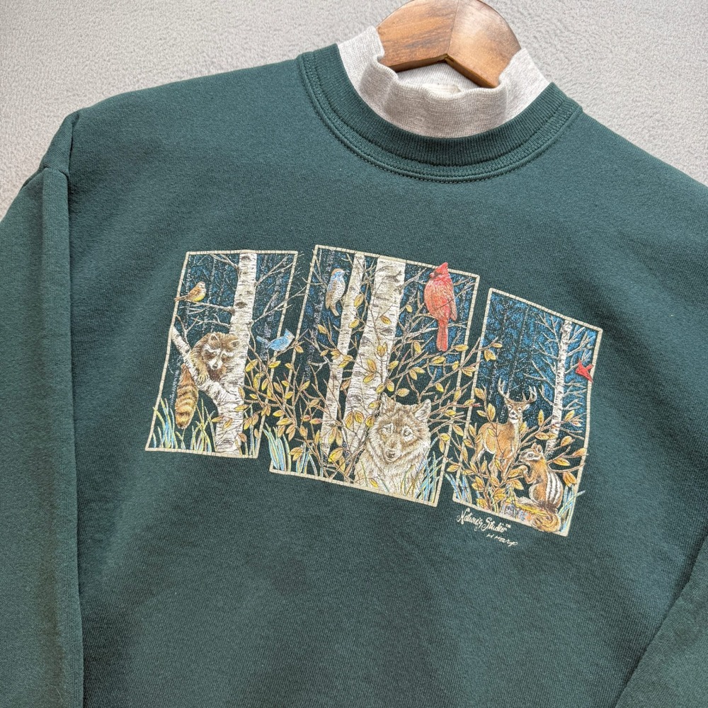 Vintage Wildlife Animal Cottagecore Sweatshirt Womens Petite M Green Made in USA